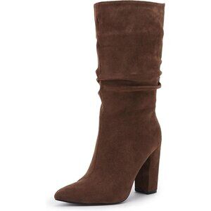 Women's Coffee Suede Mid Calf High Slouchy Chunky Heel Block Pointed Toe Boots